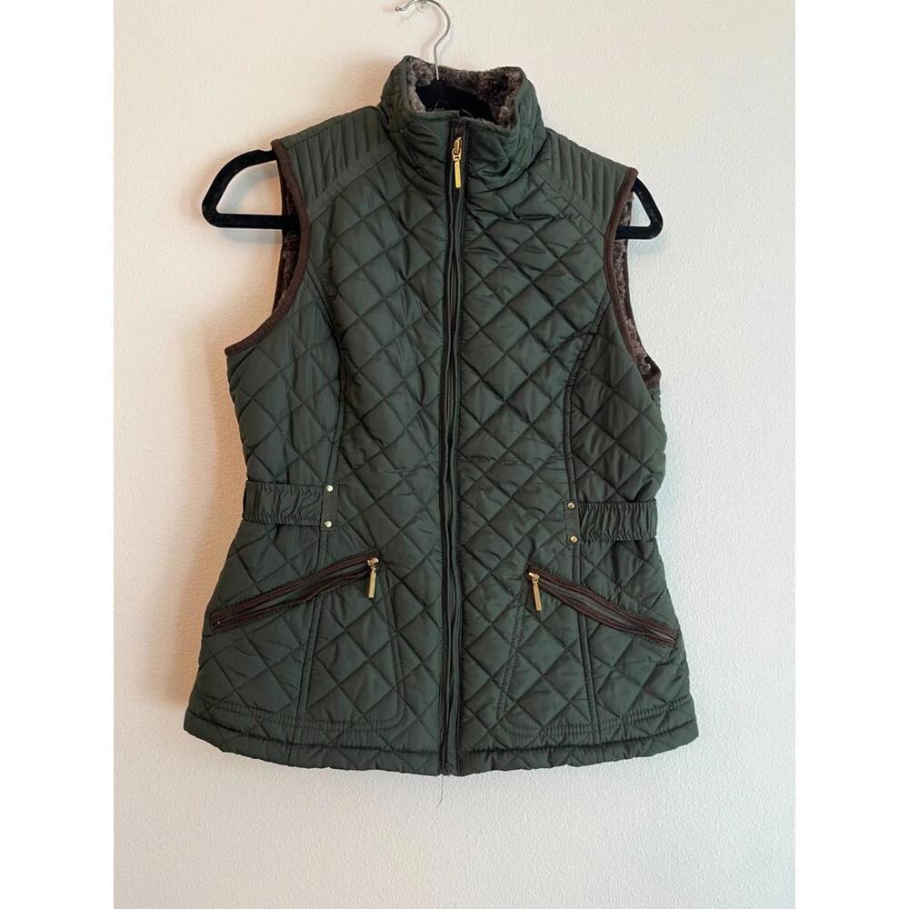 Womens Weatherproof Quilted Puffer Vest Huntergreen Small Faux Fur Lined Pockets